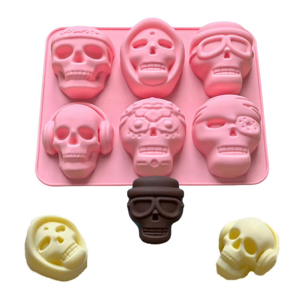 1 molde para hornear antiadherente con forma de calavera de 6 estilos, 6 cavidades, adecuado para brownies, tarta de queso, pudín, gelatina