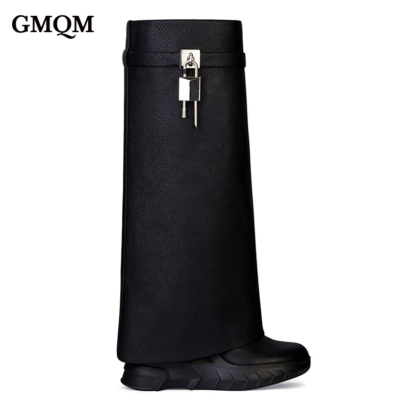 

GMQM Brand Luxury Women's Newest The Knee Boots Platform Shark Lock Thick Sole High Heel Shoes Designer Wedges Metal Decoration