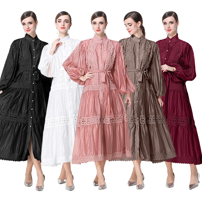 Dresses for Women New Long Sleeve Stand Collar Women Dress White Black Lace-up A-LINE Dress Women Vestidos De Verano Mujer Q1984