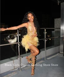 Luxury Feather Short Homecoming Party Dress Shiny Sexy Crystal Rhinestone See Through Black Girl Birthday Party Vestidos De Gala