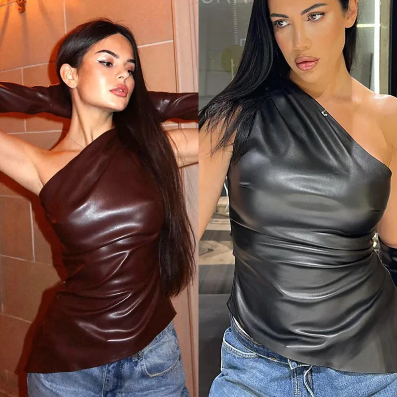 

PU Leather Vest Women's Clothing New Street Trendy Girl's Sleeveless Slant Collar With Sleeve Top Irregular Hem Slim Fit Vest