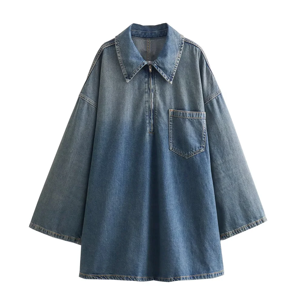 PB&ZA 2023 Winter New Women's Style Fashion Casual Versatile Loose and Simple Polo Neck Long Sleeve Denim Dress