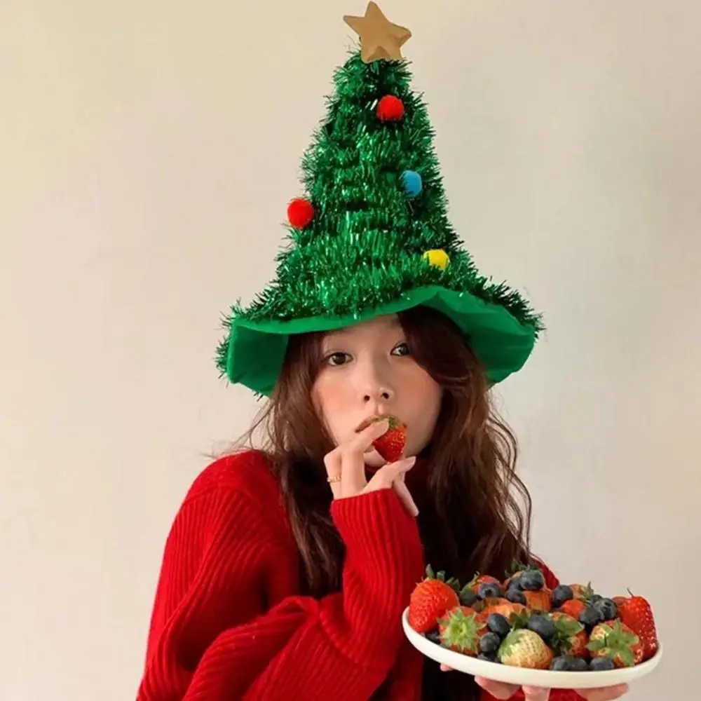 Fancy 2025 Ins Christmas Tree Hat Fabric Rain Silk with Star Girls Xmas Headwear Tinsel Christmas Headband Photo Props