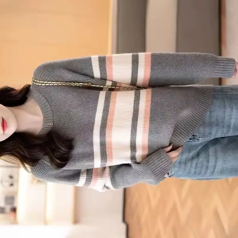 

Весенне-осенний корейский джемпер, свободный женский полосатый свитер с круглым вырезом и длинными рукавами, вязаный пуловер, свитер большого размера, повседневные топы