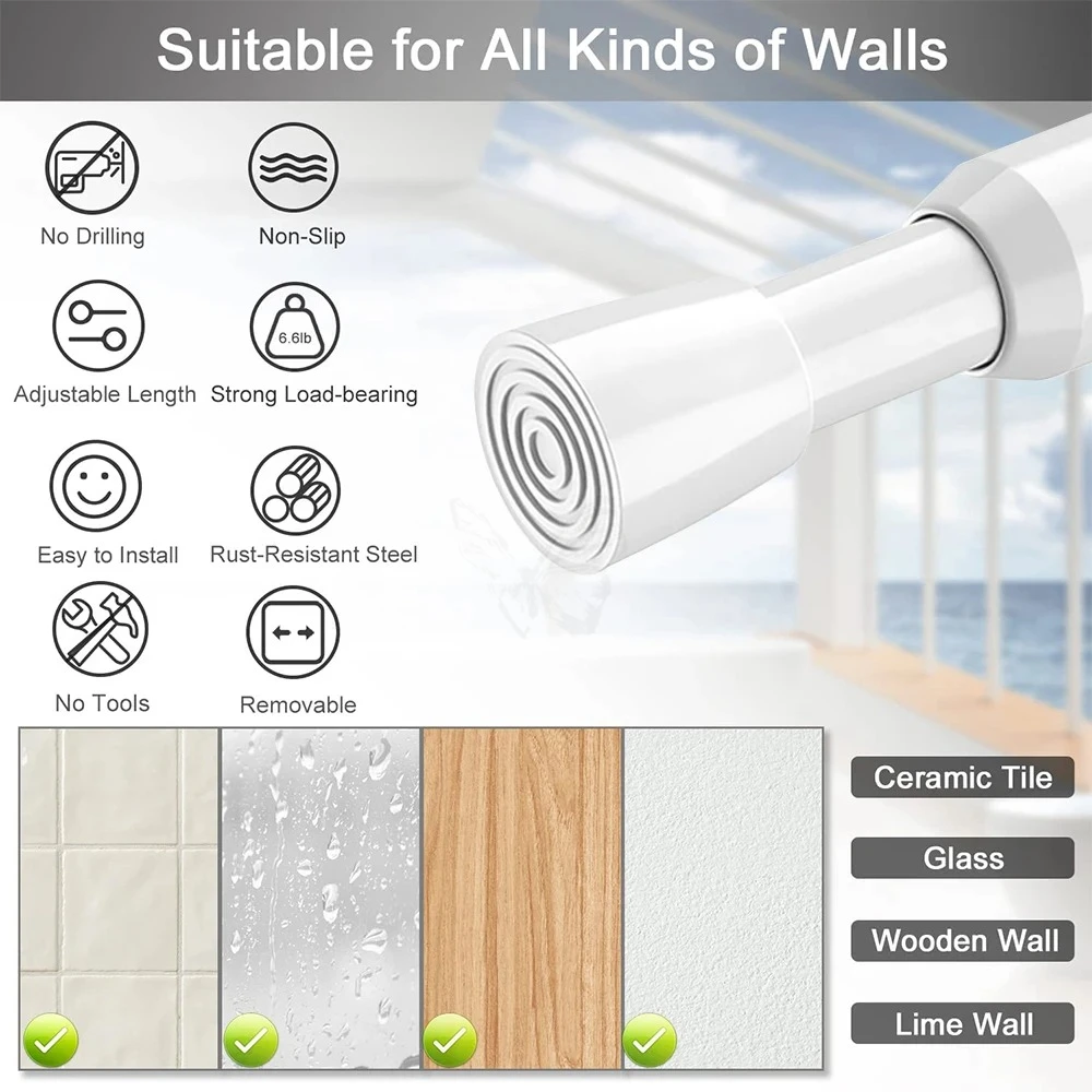 Spring Tension Curtain Rods Durable Adjustable Length Hanging Extendable Telescopic Poles for Bathroom Kitchen Cupboard No Drill view 2