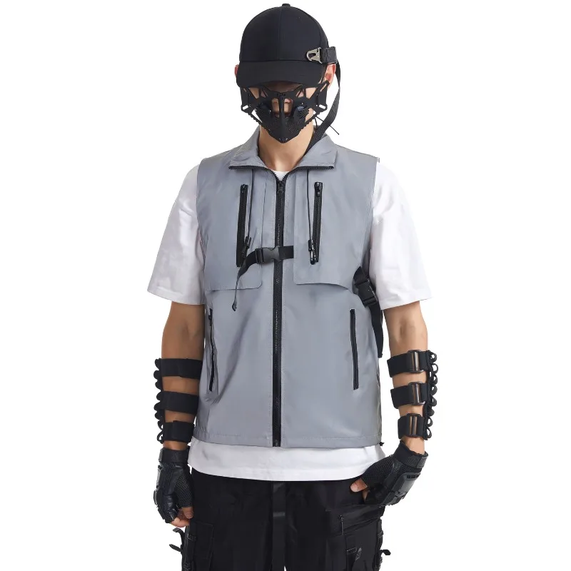 전술 반사 조끼 유틸리티 하네스 후드 아웃도어 워킹 조끼 테크웨어 스포츠 사이클링 레이어링 기어 가시성 슬리브리스