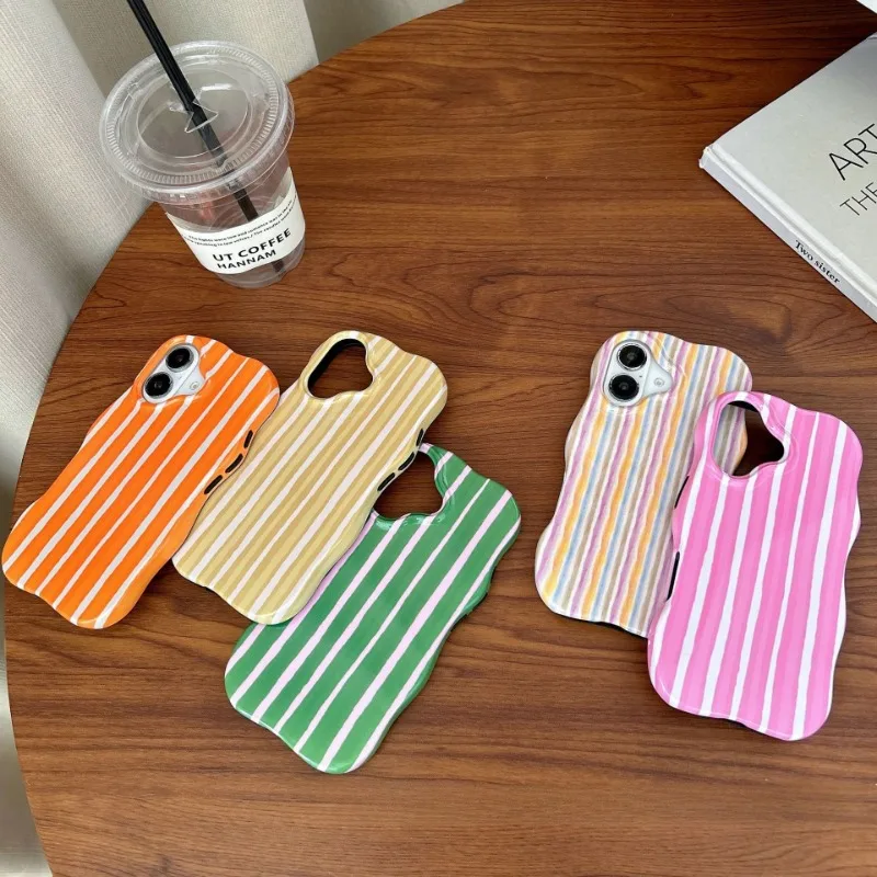 

Fashion 2 in 1 Glossy Stripes Phone Case For IPhone 16 15 14 13 Pro Max Comfortable Touch Wave Edges Hard Slim Back Cover Shell
