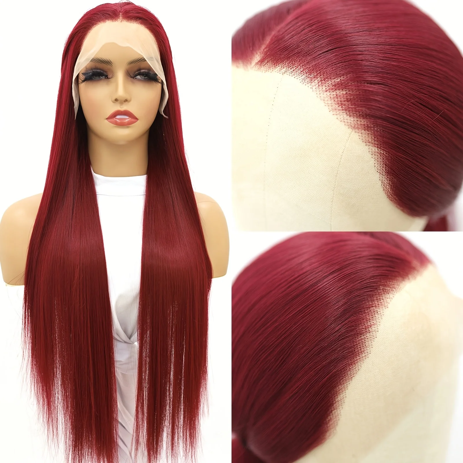 28" Straight Burgundy Lace Front Wig for Women, Synthetic Fiber, Ready-to-Wear Beginner Wigs for Cosplay & Daily Wear.
