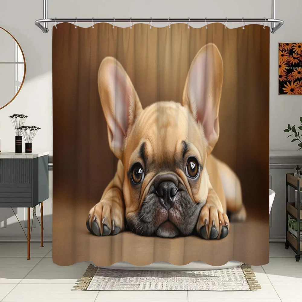 Realistic French Bulldog Shower Curtain - Detailed Texture & Lifelike Eyes, Light Tan & Warm Brown, Polyester, 12 Hooks