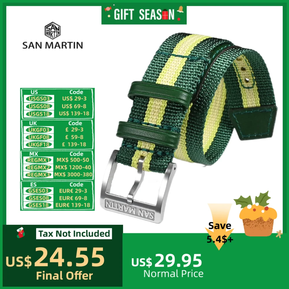 San Martin One Piece Watchband 20mm Leather Nylon Strap Pin Buckle One Piece Contrast Color Band Fashion ремешок Correa SN0116