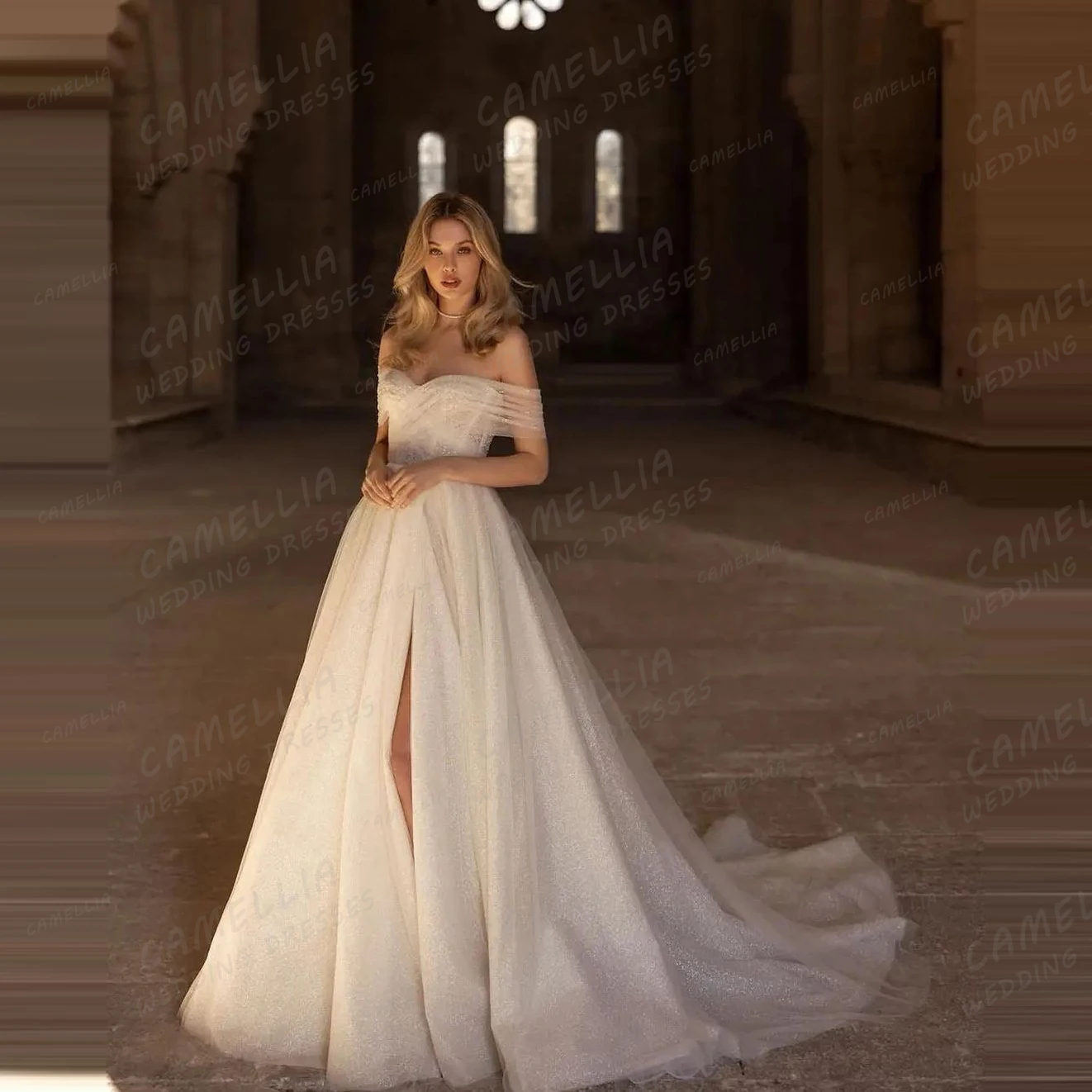 

Simple 2025 Wedding Dresses Women's A Line Sexy Glitter Sequined High Split Long Sleeve Bridal Gowns Vestido De Novia Customized