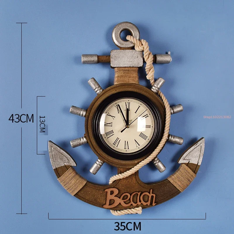 Mediterranean Retro Style Anchor Wall Clock Wooden Rudders Silent Hanging Clocks Coffee Bar Home Decorations