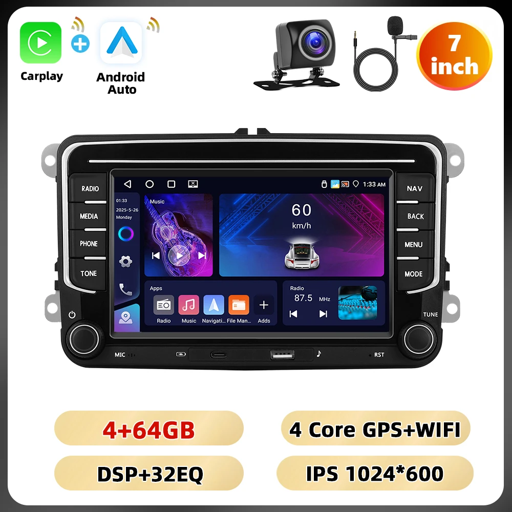 Podofo 4 + 64G 7 ''Autoradio Voor VW/PASSAT/GOLF/POLO/EOS Multimedia Speler Type-C EQ Carplay Android Auto WIFI GPS RDS Autoradio