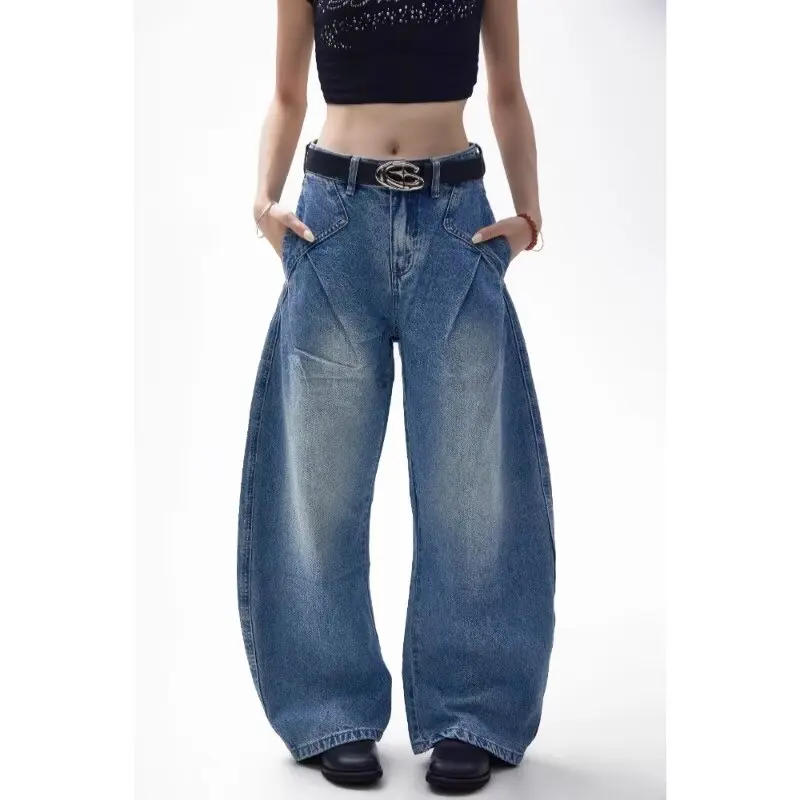 Blue Womens Jeans High Waist Vintage Design Hip Hop Straight Baggy Denim Pants Street Y2K American Style Wide Leg Denim Trouser