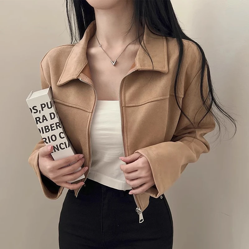 

Chic Summer Vintage Loose Fit Zipper Long Sve Collar Jaet Women's ort Coat Outerwear Leather Velvet Versatile Casual