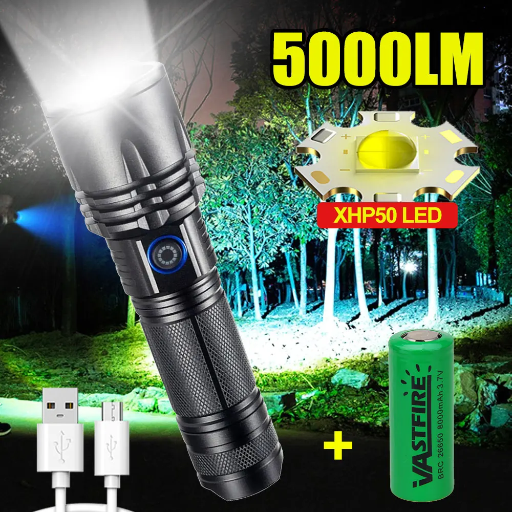 

Ultra Powerful LED Flashlight USB Type C Rechargeable Zoomable Torch XHP50 Hand Lamp 26650 18650 Battery Tactical Flash Light