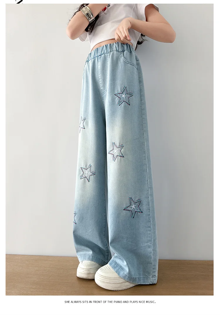 Jeans für Teenager-Mädchen mit Stern-Stickerei, Sommerliche Casual-Mode, Kinder-Jeans mit weitem Bein, Dünne Leichte Schulhosen aus Denim – Detail 2