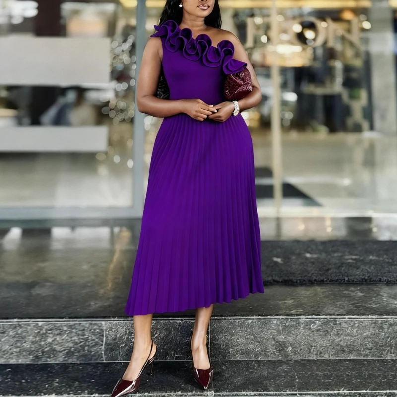 女性用ワンピース、片方の肩が開いたラッフルプリーツ、エレガントなパーティー、イブニング、アフリカの女性、お祝い、ハイウエスト、誕生日、結婚式、ゲスト用ガウン