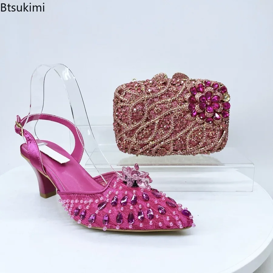 New Women's Clutch Bag and Shoes Banquet Diamond High Heels Stylish Dress Shoes Pointed Toe Stiletto Heels Wedding Evening Bags