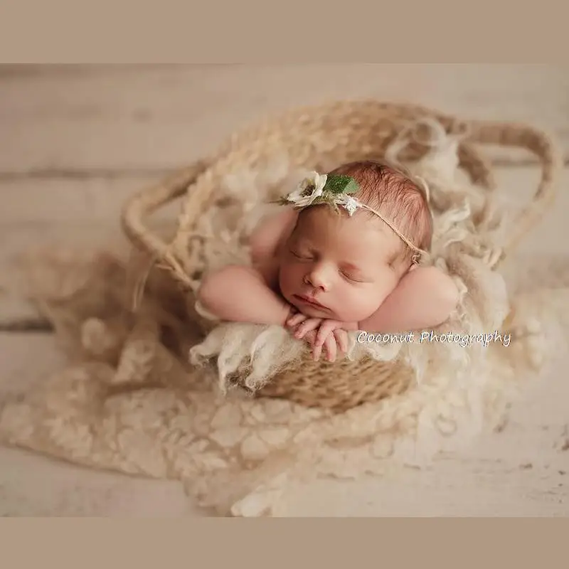 Coconut newborn photography props Vintage handle straw basket newborn full moon baby shooting container basket basin 