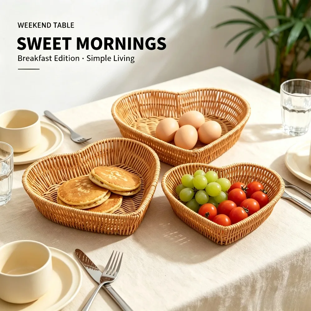 Handmade Imitation Rattan Woven Tray Heart Shape Storage Basket for Kitchen Bathroom Soap Towel Cosmetic Organizer Home Decor