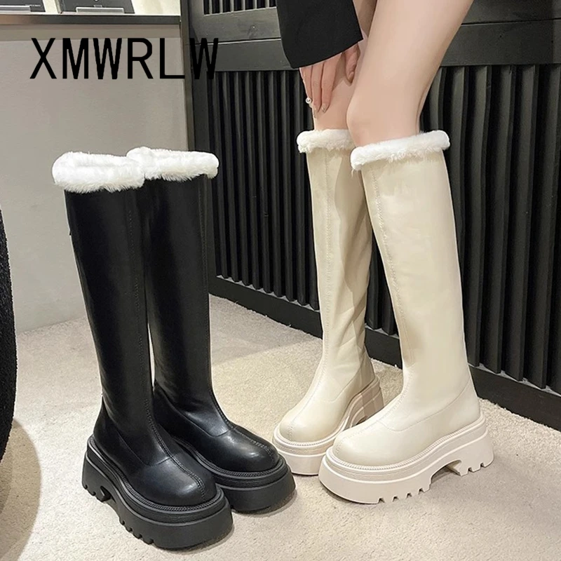

XMWRLW Women's Leather Knee High Boots Winter Shoes Fashion High Heels Warm Plush Ladies Winter Boot Women Rubber Sole Shoes