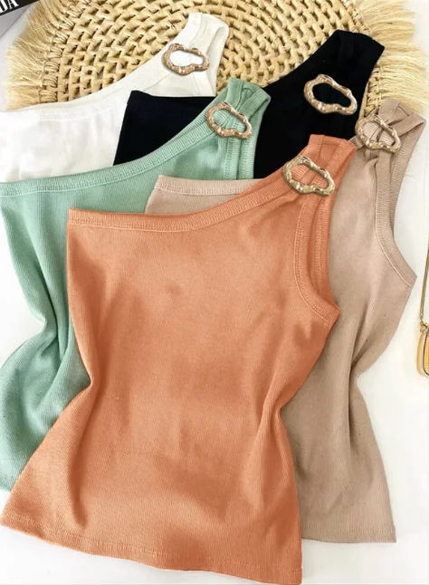 

Niche Women's Vest One-Shoulder Goldren Decor Casual Slim Ribbed Top Woman Clothing Summer Y2K Tank Tops Women Skinny Tank Tops