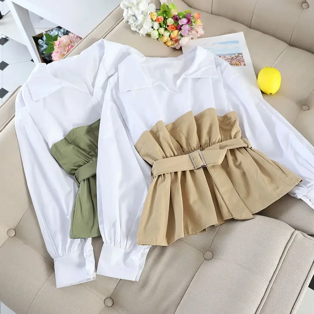 Woherb Korean Fashion Blouse Women Patckwork Fake Two-Piece Shirt Tops 2024 Summer Female Elegant Ruffle Blusas Belt Shirts