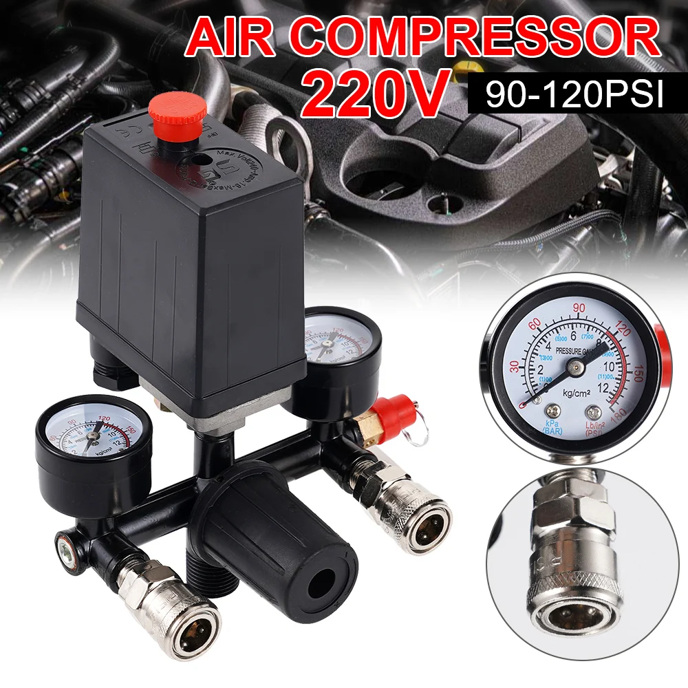 

4 Port Air Compressor 220V All Black Bracket With Switch Manifold Pressure Regulator Aluminum Alloy Safety Pressure Valve