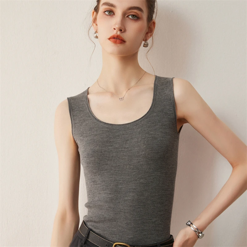 

Тонкий вязаный базовый свитер Meilino из 100% чистой шерсти с U-образным вырезом, имитация тонкой пряжи Yangzi, без рукавов, на бретелях