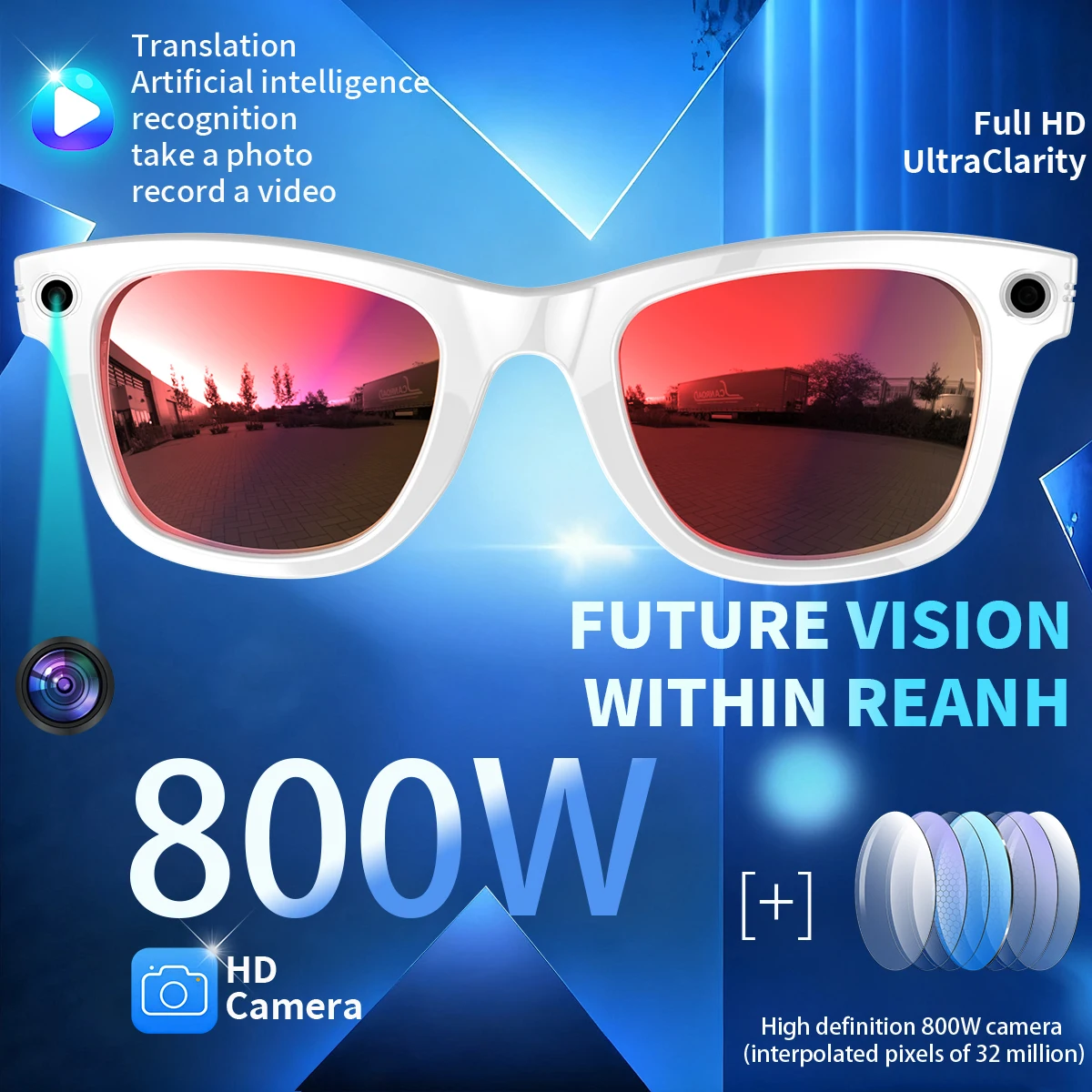 

2026 New 800W Camera Glasses Bluetooth Smart Glasses with Camera Voice Call Music Smart Sunglasses Video Sound Record AI Glasses