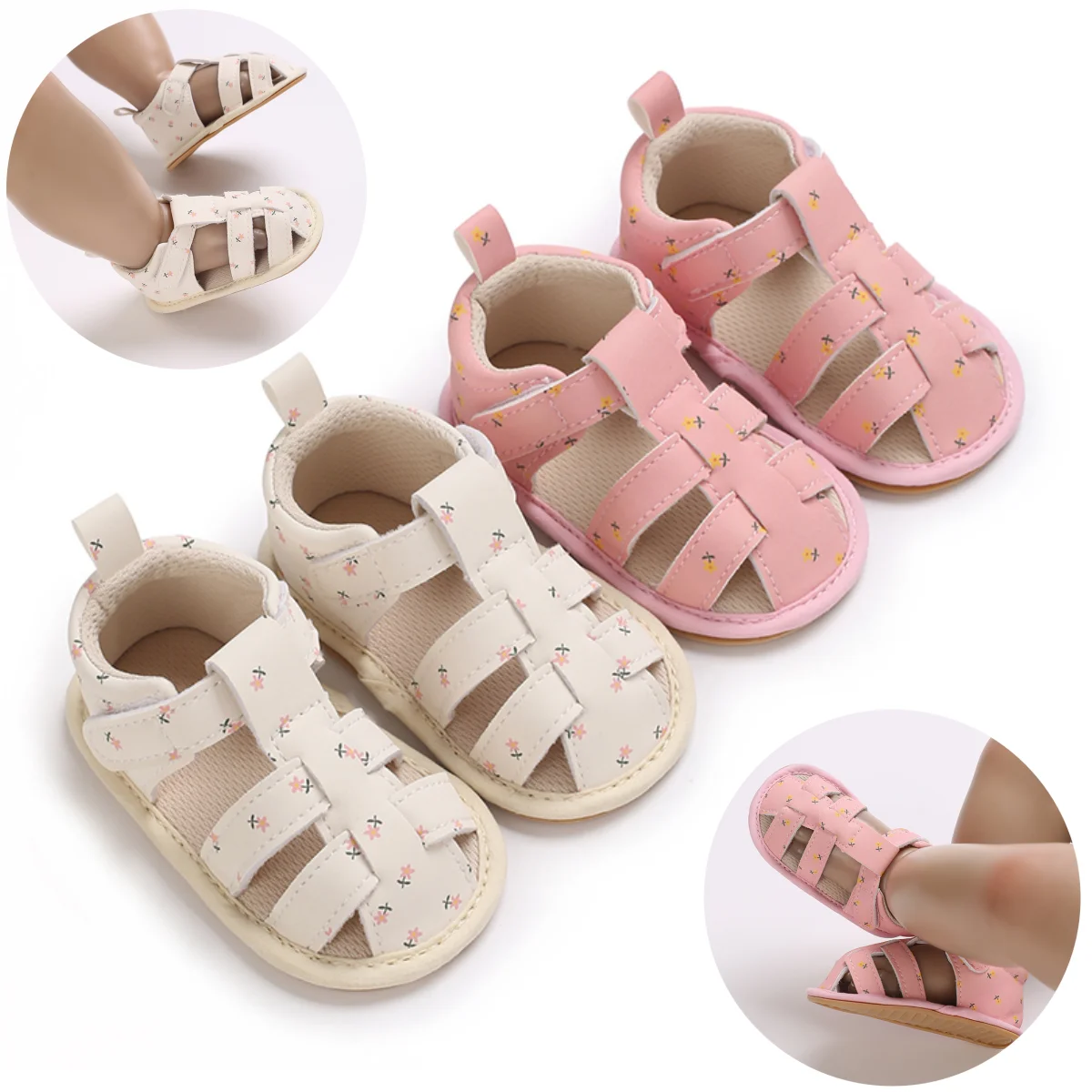 Infant Baby Shoes Girl Shoes New Summer Girl Sandals PU Leather Floral Rubber Sole Anti-Slip Newborn First Walker Crib Shoes