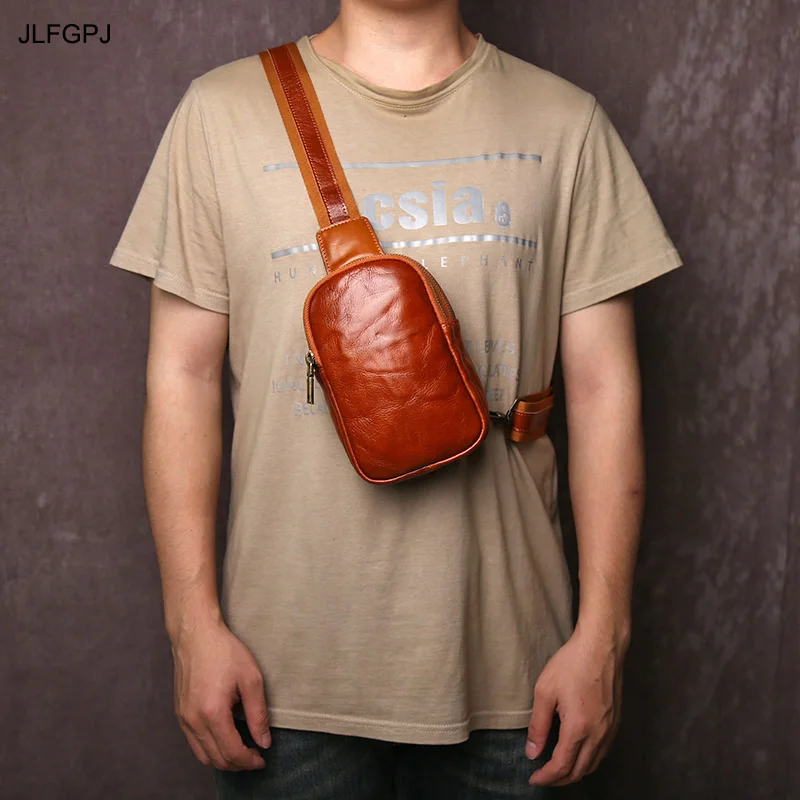 

Vegetable Tanned Cowhide Retro Men's Chest Bag Vertical Genuine Leather Mini Fashionable Simple Crossbody Mobile Phone Bag