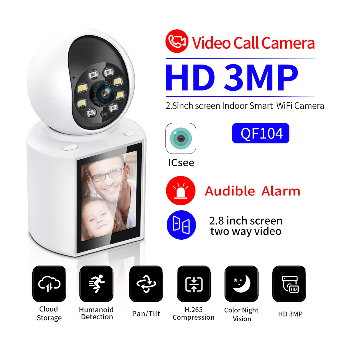 3MP 1296P iCsee APP  2.8Inch ESCAM QF104 Video Intercom One Key Call  PTZ IP Dome Camera For Elder Care AI Humanoid Baby Monitor