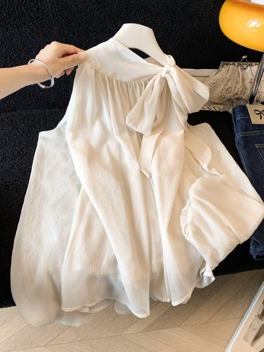 

Ladies Loose Neck Hanging Chiffon Shirt Shoulder Exposure Flower Bud Sleeve Lazy Style Spring Summer Soft Fairy Tale Pure Des...