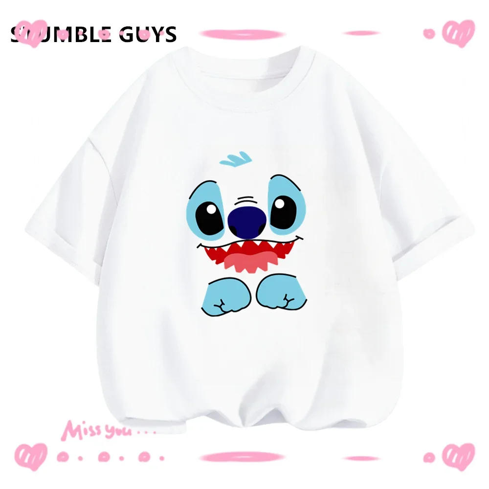 

Kawaii Stitch Summer T-Shirt Kids Disney 3-14Y Glitter Print Casual Short Sleeve Boys Girls Jersey Sportswear Clothes