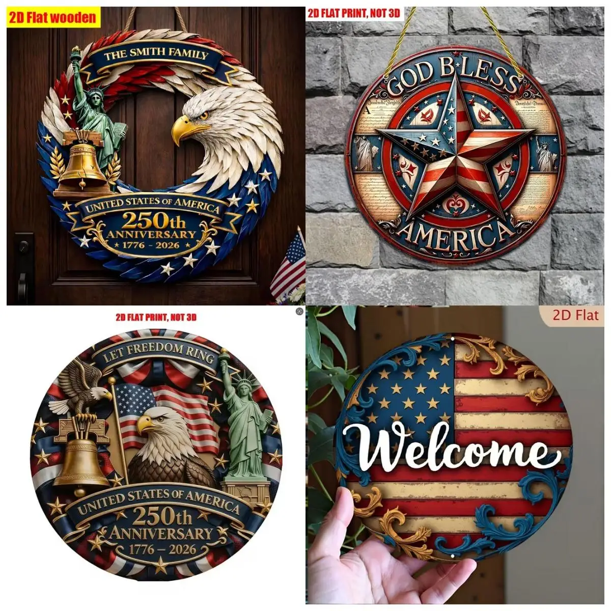 2D Flat Wooden Round Sign God Bless America Star Statue of Liberty Wall Hanging Plaque for Independence Day Home Door Decor