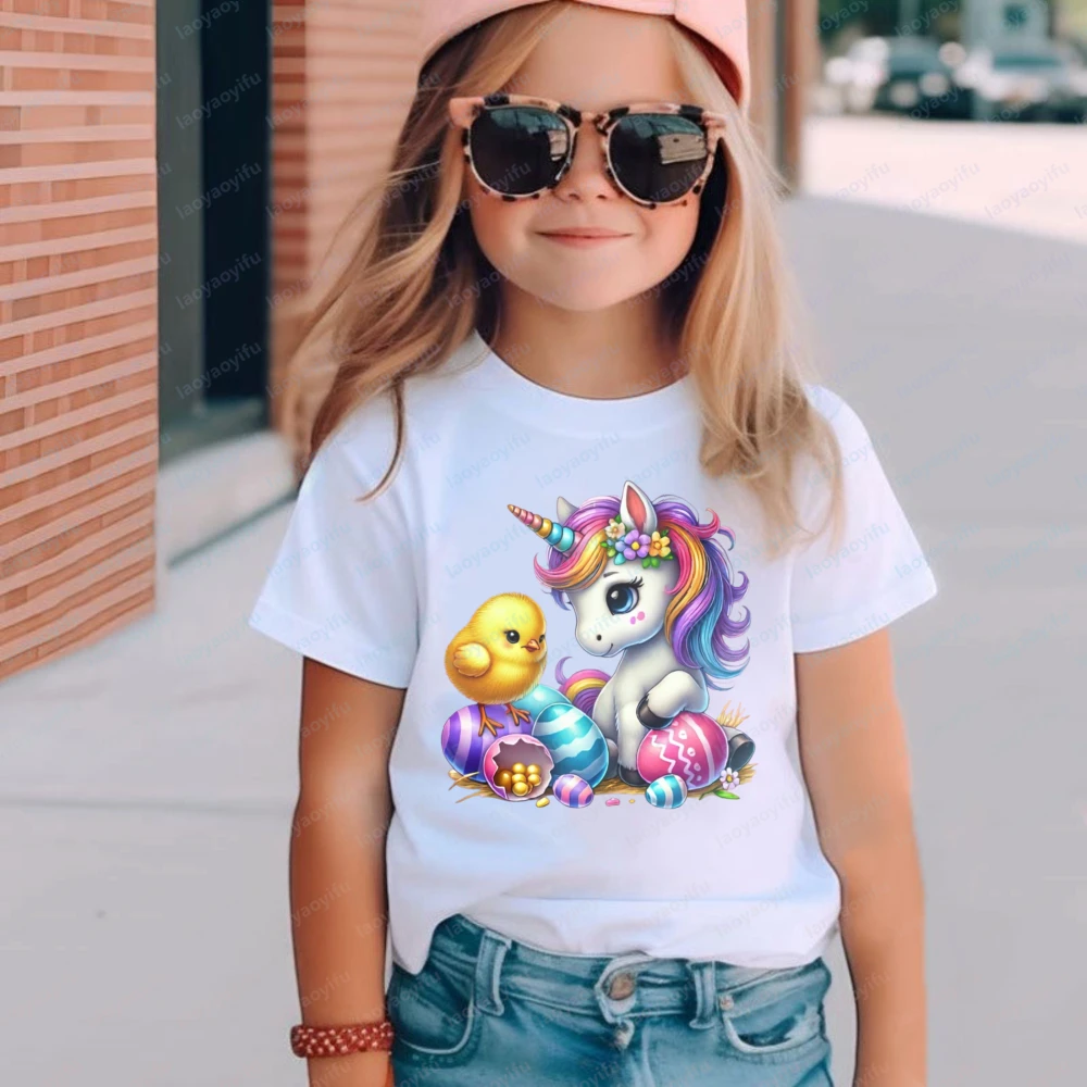 Cute Unicorn And Duck Printing Kids T-Shirt Fashion Easter Theme Cotton For Girls Boys Children Summer Wear Round Neck Print Top