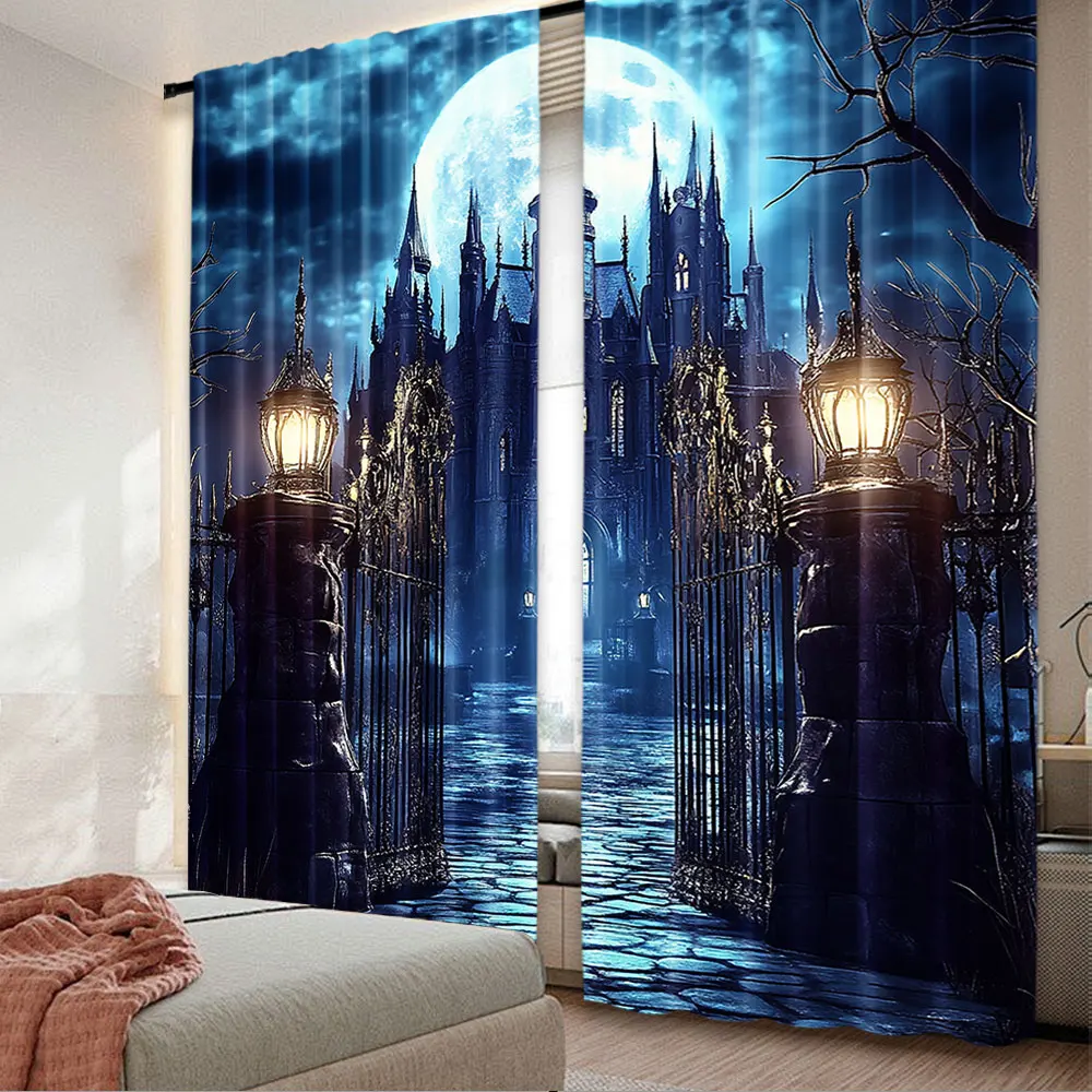 2Pcs Curtain Scary Castle Full Moon Night Spooky Gothic Horror Haunted Mansion Mysterious Magic Cool Suitable For Living Room