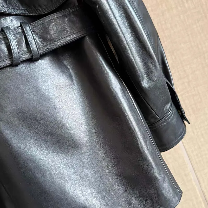 Women coat spring Sheepskin suit jacket two big pockets new fashion genuine leather clothes with belt regular length