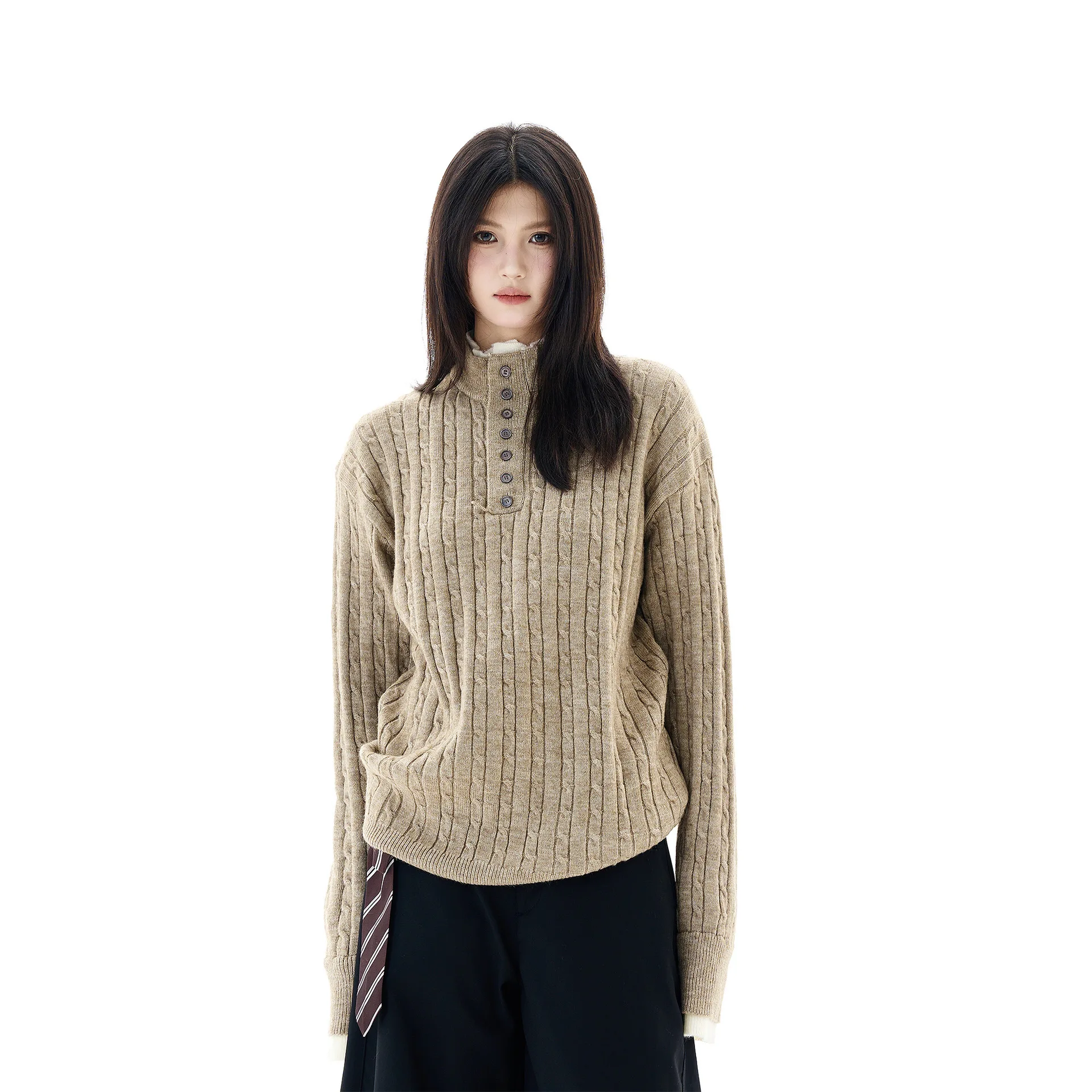 

Unisex Knitting Sweater 2025 Winter Man Women Fake-two-piece Sweater Cable Knit Henley Neck Lazy Chic Retro Knitwear