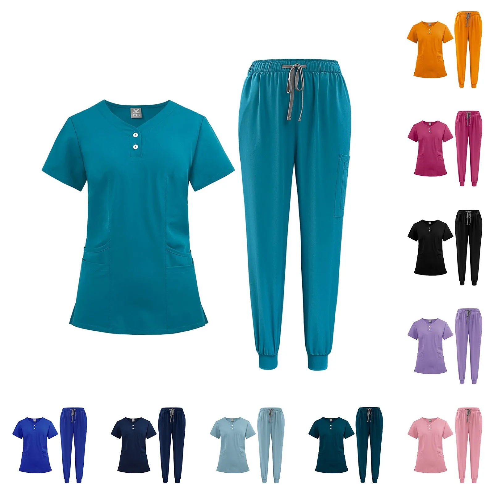 المرأة ممرضة موحدة التجفيف السريع النسيج بلون الخامس الرقبة زر جيب قصيرة الأكمام بنطلون دعوى التمريض ملابس العمل