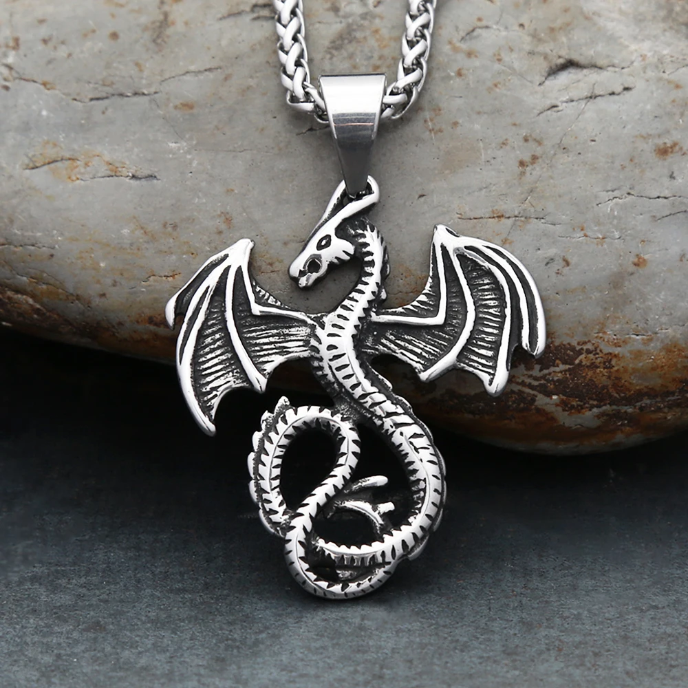 Vintage Stainless Steel Flying Dragon Pendant Necklaces Punk Rock Pterosaur Choker Chain Necklace For Men Women Movie Jewelry