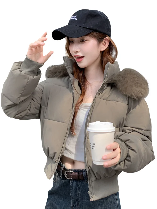 Zimowy płaszcz puchowy damski, luźny krój, bawełniany płaszcz z futrzanym kołnierzem i sznurowaniem w talii, koreański płaszcz typu sle bread.