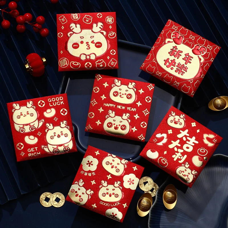 6pcs 2024 das Jahr des Drachen chinesische Art rotes Paket niedlichen Tierkreis Drachen muster rote Umschläge Glück Geld Tasche Neujahr liefert