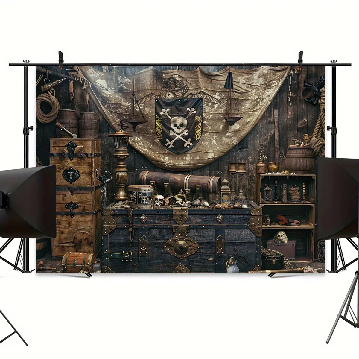 Pirate Party Treasure map background cloth, durable polyester, steering wheel design, suitable for birthdays and events