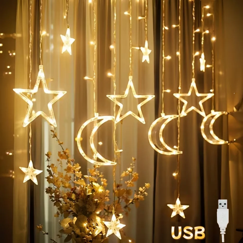 USB-Powered LED Star Moon Curtain String Lights Warm/Multicolor Hanging Romantic Atmosphere Lamp for Indoor Party Ramadan Decor