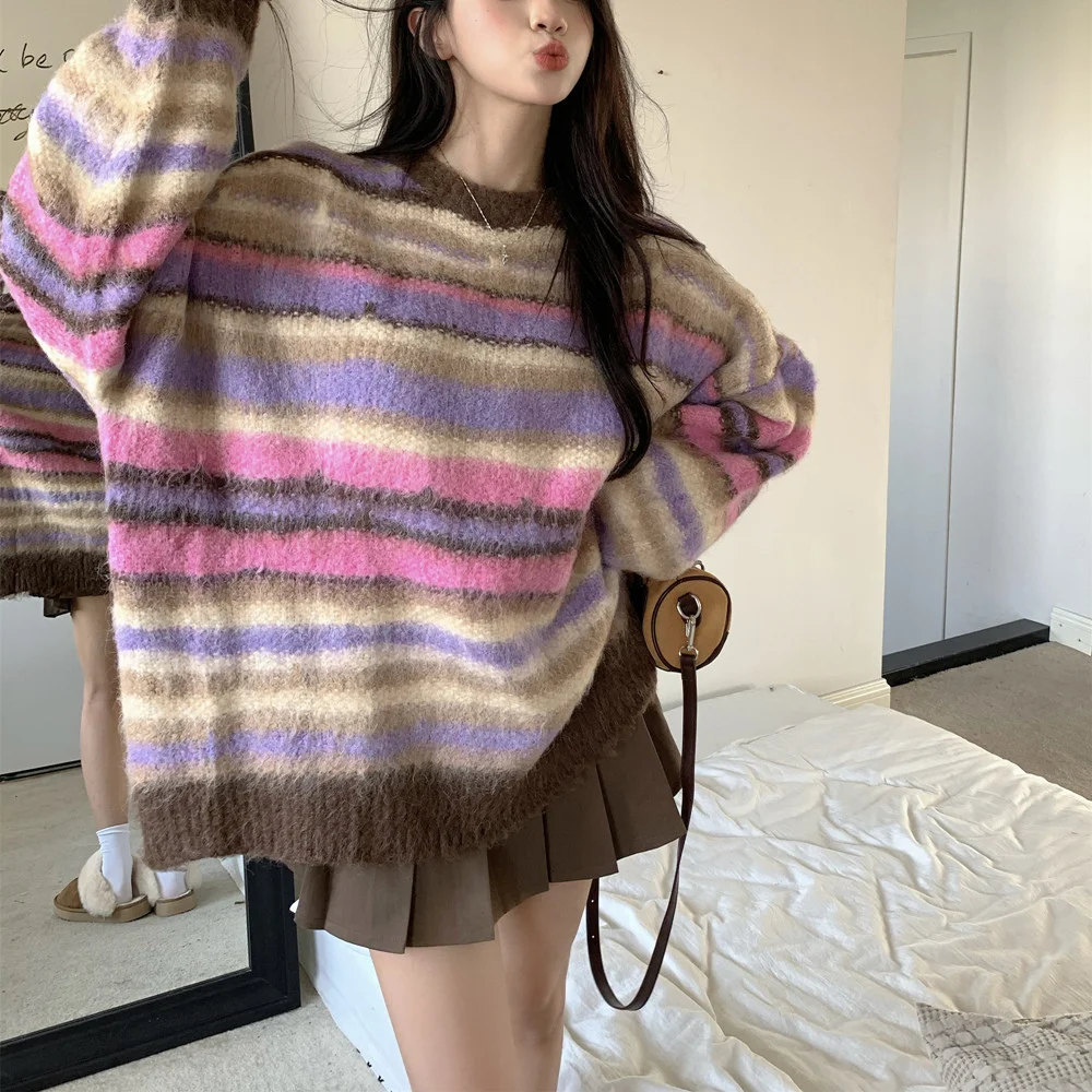سترة مخططة الخريف الشتاء الملونة فضفاضة لينة س الرقبة البلوز النسخة الكورية تنوعا طويلة الأكمام تريكو للنساء