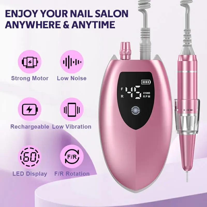 45000RPM Nail Drill Machine Electric Portable Nail File Rechargeable Nail Sander For Gel Nails Polishing For Home Manicure Salon