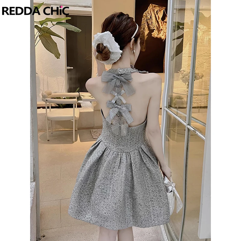 

Винтажное серое мини-платье REDDACHiC с золотой нитью, без спинки, с пышными оборками, для вечеринок, на день рождения, для женщин